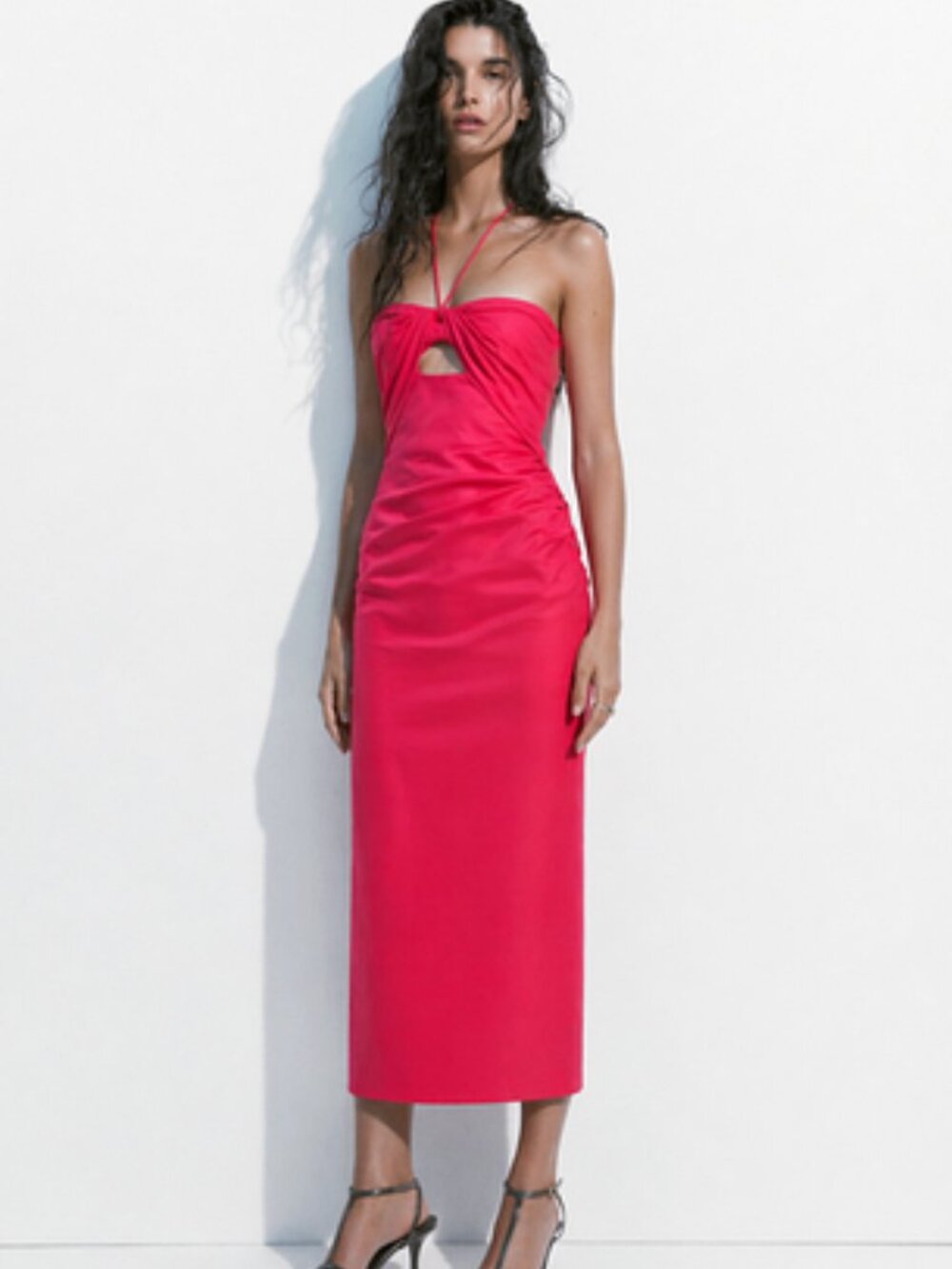 Zara Cut Out Midi Halter Dress Coral Linen Blend Size Small Wedding Guest Resort